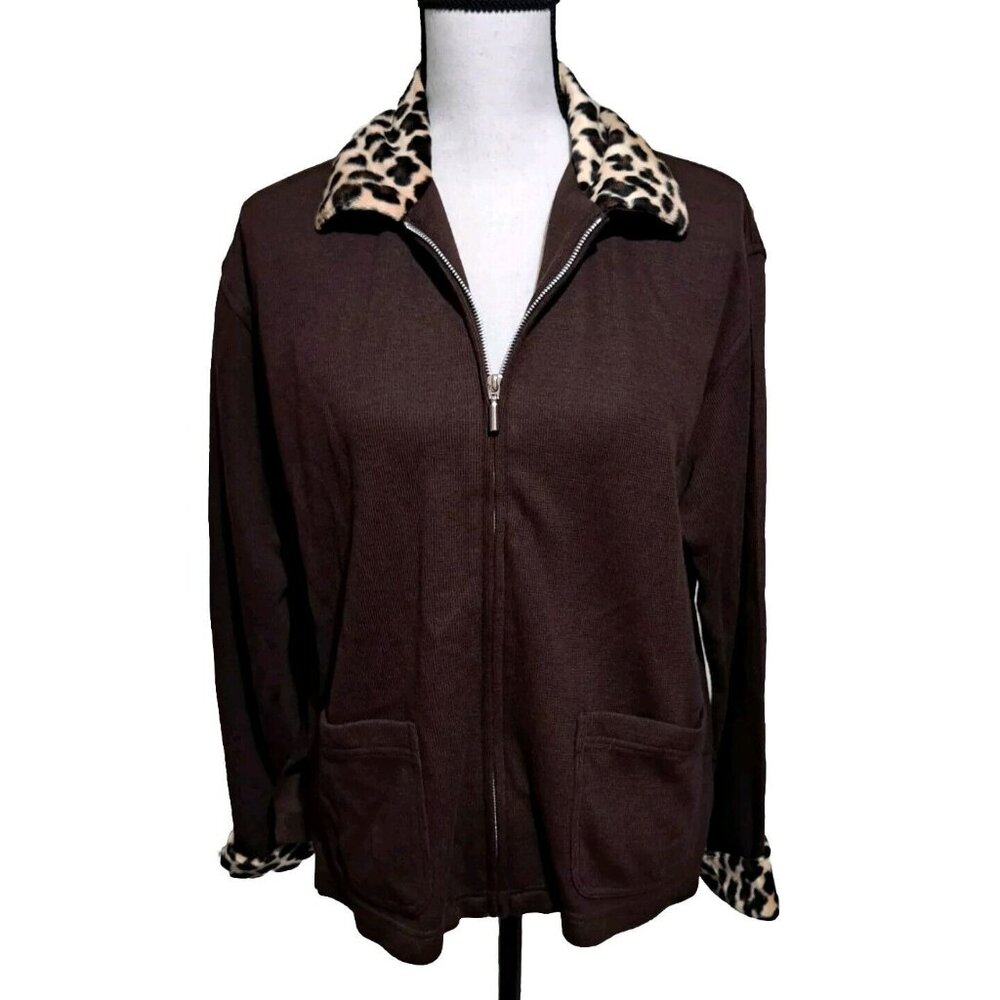 Moving Bleu Zip Front Jacket Brown Animal Print Trim Two Pocket Womens SZ Medium